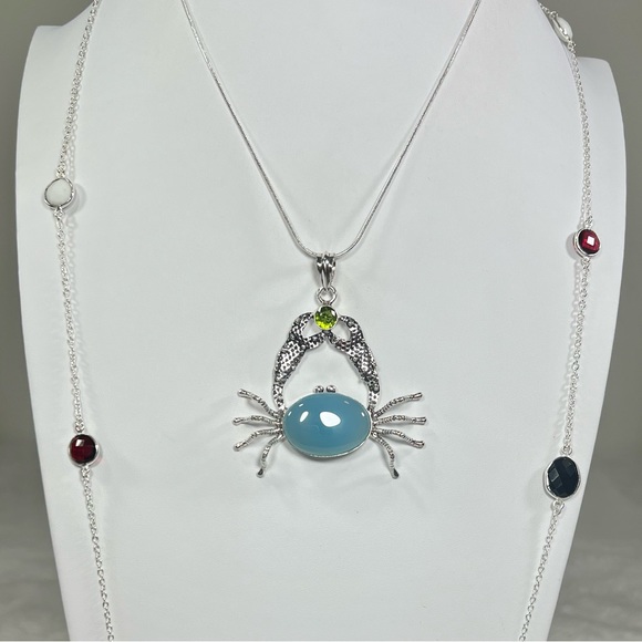 Natural Blue Chalcedony Crab 925 Pendant & Multi Stone Delicate Necklace 36” - Picture 5 of 13